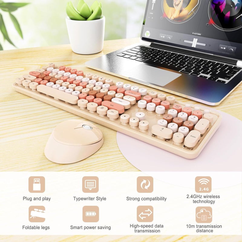SkyGive Wireless Keyboard and Mouse Combo, Ergonomic Full Size Typewriter Retro Round Keycaps Keyboard, Compatible with Windows, PC, Perfer for Home and Office Keyboards (Chocolate Color) - Image 3